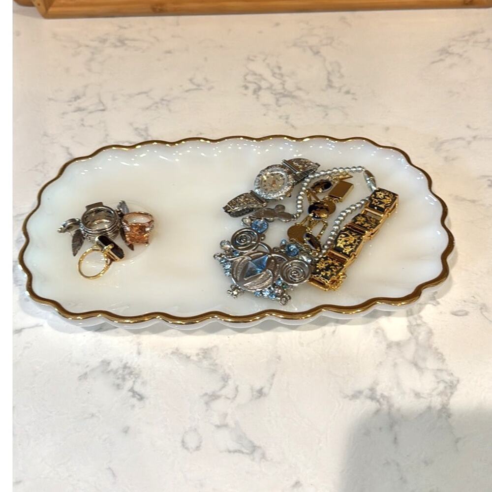 vintage Anchor Hocking Fire King milk glass snack plate gold rim scalloped edges